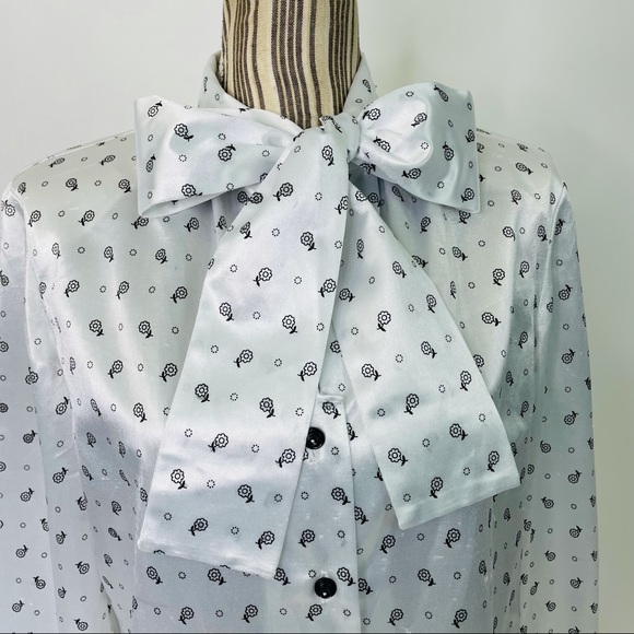 Vintage 70s 80s Handmade Mod Novelty Print Pussy-Bow Button Front Blouse Medium - Picture 3 of 9